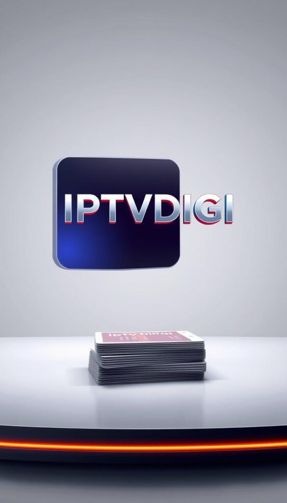 A sleek, modern illustration showcasing the IPTVDIGI brand and its leading IPTV reseller credits. In the foreground, a stylized IPTVDIGI logo hovers, its lettering crisp and metallic, conveyed through a high-key lighting setup that lends an air of professionalism and authority. In the middle ground, a stack of digital credits or subscription cards are arranged, their surfaces reflecting the light and conveying a sense of value and reliability. The background is minimalist, with a subtle gradient that suggests a digital, technological environment, reinforcing IPTVDIGI's position as a premier IPTV reseller credit provider. The overall tone is sleek, modern, and visually striking, capturing the essence of the IPTVDIGI brand and the importance of its reseller credits.