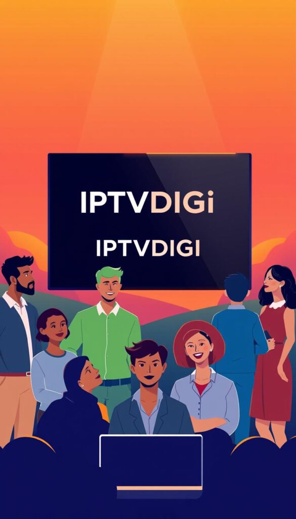A sleek, modern illustration showcasing the benefits of becoming an IPTV reseller with the IPTVDIGI brand. In the foreground, a group of stylized, diverse individuals are depicted, each enjoying the advantages of the IPTV reseller opportunity - increased income, flexible work schedules, and the ability to work from home. The middle ground features a bold, minimalist representation of the IPTVDIGI logo, emphasizing the brand's professionalism and reliability. The background is a vibrant, gradient-based landscape, evoking a sense of growth, opportunity, and technological innovation. The overall scene is lit by a warm, directional light, creating depth and highlighting the key elements. The composition is clean, balanced, and visually appealing, conveying the core benefits of becoming an IPTV reseller with IPTVDIGI.