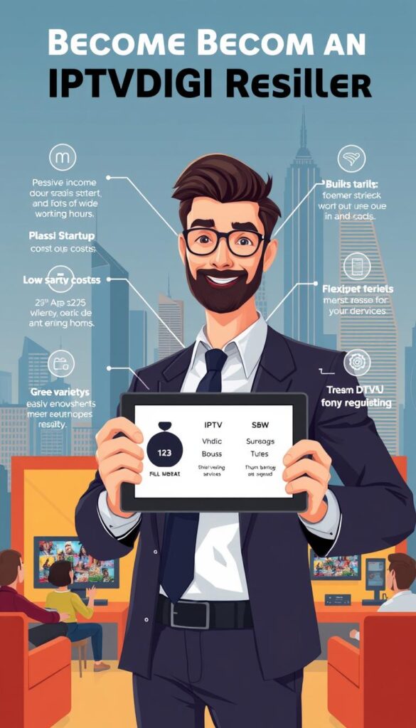 A sleek, modern illustration showcasing the benefits of becoming an IPTVDIGI reseller. In the foreground, a businessman confidently presents a tablet displaying key perks - passive income, low startup costs, and flexible working hours. In the middle ground, a team of satisfied customers access a wide variety of IPTV content on their devices, representing the appeal of the reseller's service. The background features a cityscape with towering skyscrapers, symbolizing the scalability and growth potential of the IPTVDIGI reseller business model. Warm lighting and a bold color palette convey a sense of professionalism and opportunity.