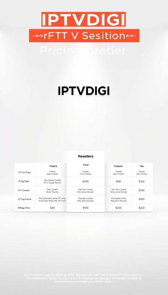 A sleek, modern infographic layout showcasing the IPTVDIGI pricing structure for resellers. The foreground features a clean table or grid displaying tiered subscription packages, monthly costs, and feature breakdowns. The middle ground highlights IPTVDIGI's logo prominently, conveying the brand's professionalism and reliability. The background is a minimalist, light-colored setting with subtle geometric patterns or textures, creating a sophisticated and visually appealing atmosphere. The overall impression should be one of clarity, value, and IPTVDIGI's competitiveness in the IPTV reseller market.