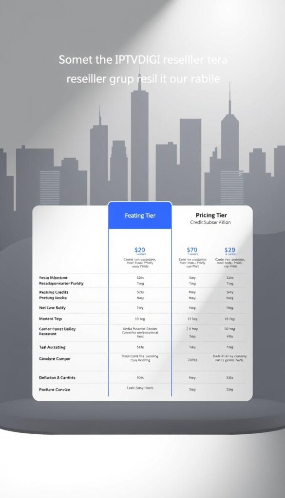 A sleek, modern infographic showcasing the IPTVDIGI reseller pricing tiers. In the foreground, a clean table displays the different subscription plans, their features, and corresponding credit allocations. The middle ground features stylized icons and graphs highlighting the value proposition for each tier. In the background, a minimalist cityscape sets a professional, tech-savvy atmosphere, with muted colors and sharp lines complementing the overall design. Lighting is soft and directional, casting subtle shadows that add depth and dimension to the scene. The entire composition conveys a sense of clarity, reliability, and the potential for growth as an IPTVDIGI reseller.