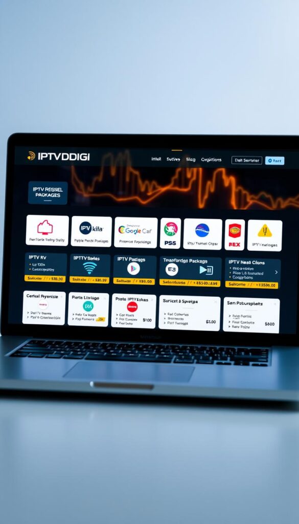 A sleek, modern laptop display showcasing the IPTVDIGI brand and an array of IPTV reseller packages, each with distinct icons and information. The laptop is set against a minimalist background, with soft lighting accentuating the screen's details. The packages are presented in a grid-like layout, highlighting their key features, pricing, and subscription options. The overall atmosphere conveys a sense of professionalism and digital sophistication, reflecting the IPTV reseller business model.