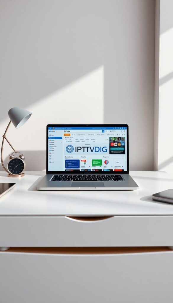 A sleek, modern laptop display showcasing the IPTVDIGI logo, surrounded by a minimalist, elegant workspace. The screen depicts a vibrant, user-friendly IPTV reseller dashboard, highlighting key features and subscription options. Soft, directional lighting creates a professional, inviting atmosphere, while the overall composition conveys the ease and opportunities of becoming an IPTV reseller with IPTVDIGI.
