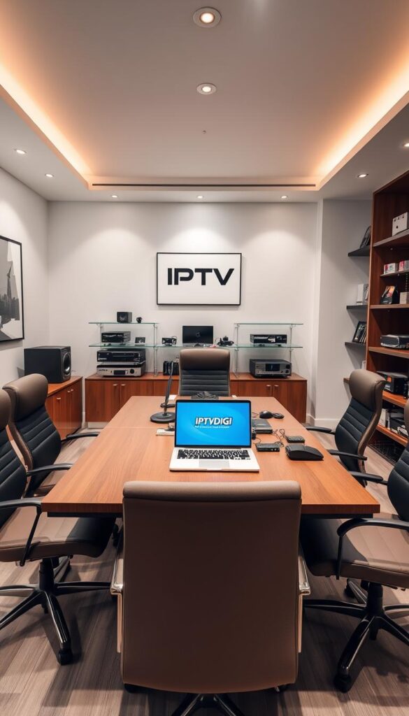 A sleek, modern office interior with a large desk and comfortable chairs. On the desk, a laptop displaying the IPTVDIGI logo, surrounded by various networking equipment and accessories. The walls are adorned with minimalist artwork and shelves showcasing IPTV-related products and services. Soft, directional lighting from overhead fixtures creates a professional, inviting atmosphere. The room is filled with a sense of opportunity and potential for a thriving IPTV reseller business.