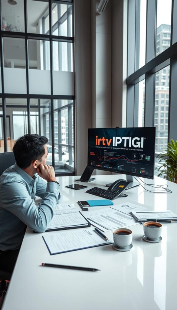 A sleek, modern office interior with a large desk and computer setup, showcasing the IPTVDIGI brand prominently displayed on the monitor. In the foreground, a person sits at the desk, deep in thought as they plan their IPTV reselling business strategy. The middle ground features various business documents, a telephone, and a cup of coffee, conveying a sense of focus and productivity. The background reveals floor-to-ceiling windows, allowing natural light to flood the space and create a bright, professional atmosphere. The overall scene exudes a mood of determination, innovation, and the potential for success in the IPTV reselling industry.