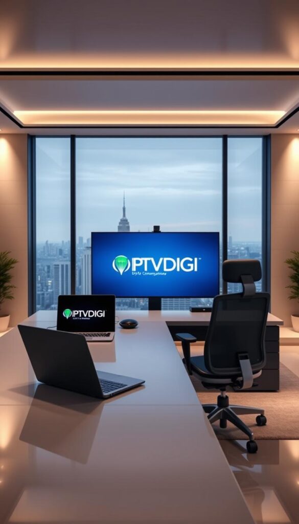 A sleek, modern office interior with a large desk and ergonomic chair. On the desk, a high-end laptop and a discreet monitor display the IPTVDIGI logo, exuding professionalism and trust. Soft, indirect lighting creates a warm, inviting atmosphere. The background features a panoramic city skyline, conveying a sense of global reach and expertise. The overall scene suggests a reliable, well-established IPTV reseller provider, ready to cater to the needs of its clients in 2025.