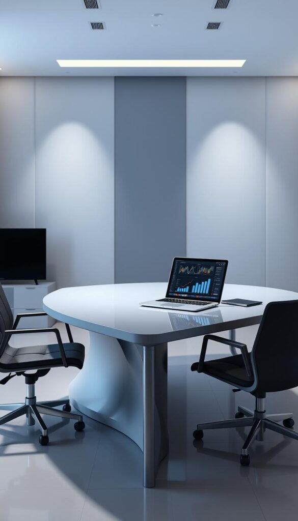 A sleek, modern office interior with a large desk and two chairs. On the desk, a laptop displaying the IPTVDIGI logo and various financial charts and graphs. Minimalist decor with clean lines and neutral tones creates a professional atmosphere. Soft, directional lighting casts subtle shadows, emphasizing the desk and its contents. The overall scene conveys a sense of a well-organized, data-driven IPTV reseller business model.