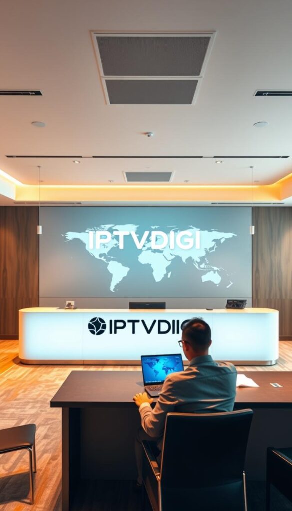 A sleek, modern office interior with a large desk featuring the IPTVDIGI logo prominently displayed. Behind the desk, a stylized world map is projected onto the wall, conveying the global reach of the IPTV reseller business. The room is bathed in warm, soft lighting, creating an inviting and professional atmosphere. In the foreground, an executive sits at the desk, laptop open, discussing plans with a customer. The image should convey the sense of a thriving, well-established IPTV reseller operation.
