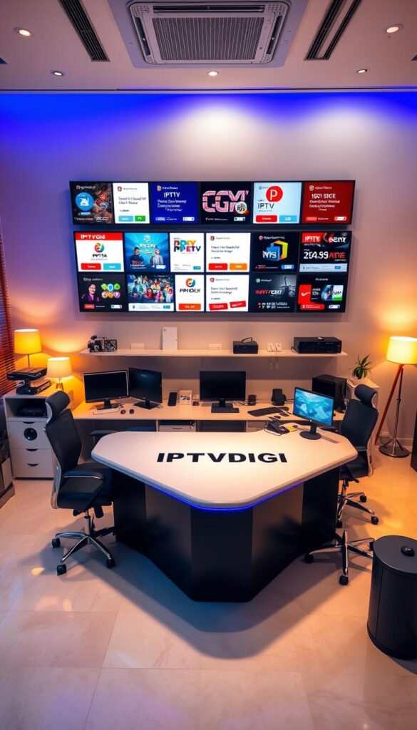 A sleek, modern office interior with a large desk featuring the IPTVDIGI logo prominently displayed. The desk is surrounded by various technological devices and equipment, such as computers, monitors, and networking gear, creating an atmosphere of a thriving IPTV reseller business. The lighting is warm and inviting, with strategically placed lamps and windows that create a professional and productive environment. In the background, a wall-mounted display showcases various IPTV packages and subscription plans, providing a visual representation of the reseller's offerings. The overall scene conveys a sense of a well-organized, technology-driven IPTV reseller operation.
