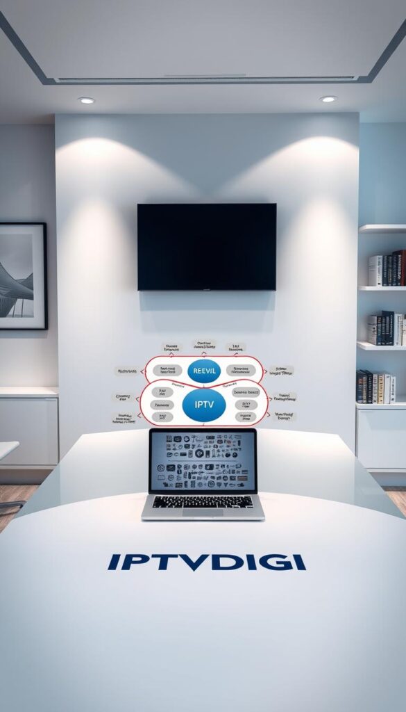 A sleek, modern office interior with a large desk featuring the IPTVDIGI logo. On the desk, a laptop displays a detailed business model diagram showcasing IPTV reseller revenue streams, subscriber management, and content distribution. The walls are adorned with minimalist art prints and shelves holding industry-relevant books. Soft, directional lighting casts a professional, focused atmosphere. The scene conveys the strategic planning and operational complexity of an IPTV reseller business.