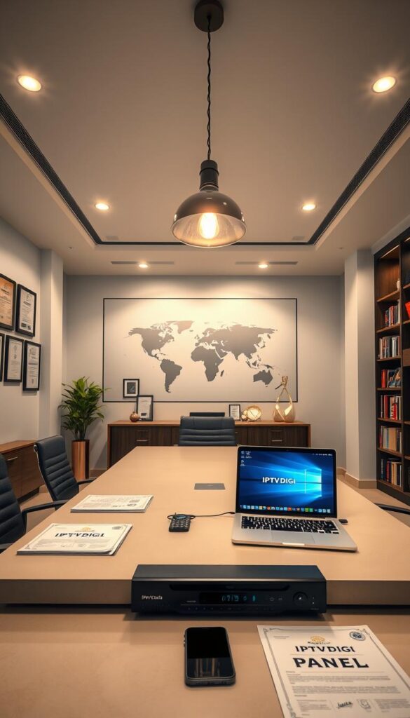A sleek, modern office interior with a large desk showcasing a laptop, smartphone, and documents labeled "IPTVDIGI PANEL". The walls are adorned with framed certificates and awards, hinting at the company's credibility and expertise. Overhead, a pendant light casts a warm glow, creating a professional and inviting atmosphere. In the background, a world map and bookshelves suggest a global reach and extensive industry knowledge. The scene conveys the sophisticated business model of an IPTV panel reseller, IPTVDIGI, catering to a discerning clientele.