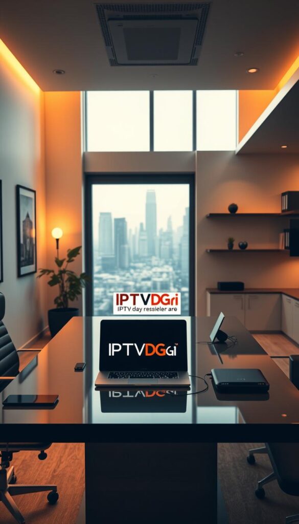 A sleek, modern office interior with a large desk showcasing a laptop, smartphone, and other IPTV-related devices. The room is bathed in warm, soft lighting, creating a professional and inviting atmosphere. On the desk, a prominent "IPTVDIGI" logo is prominently displayed, reflecting the branding of the IPTV reseller business. The walls are adorned with minimalist artwork and shelves, adding to the sophisticated ambiance. Through a window, a cityscape is visible, hinting at the global reach and scale of the IPTV reseller operation. The overall scene conveys a sense of efficiency, technology, and the potential for success in the IPTV reseller industry.