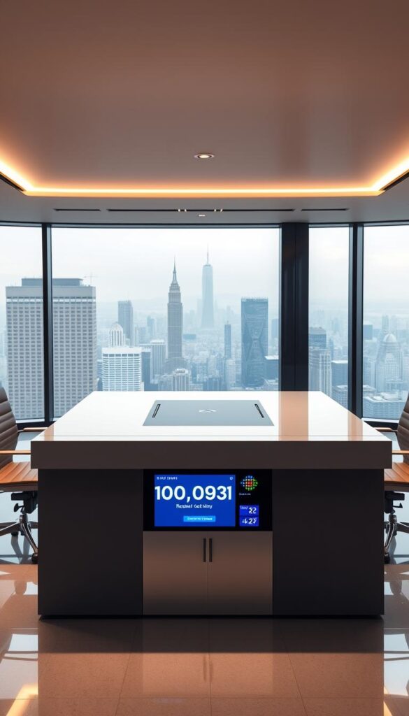 A sleek, modern office interior with a large desk showcasing the IPTVDIGI reseller program credit system. The desk features a sophisticated digital display panel, sleek metal accents, and a minimalist design. Soft, directional lighting casts a warm glow, creating a professional and inviting atmosphere. In the background, a panoramic window offers a cityscape view, reinforcing the sense of a thriving, technology-driven business environment. The overall composition conveys the reliability, efficiency, and comprehensive nature of the IPTVDIGI reseller program.