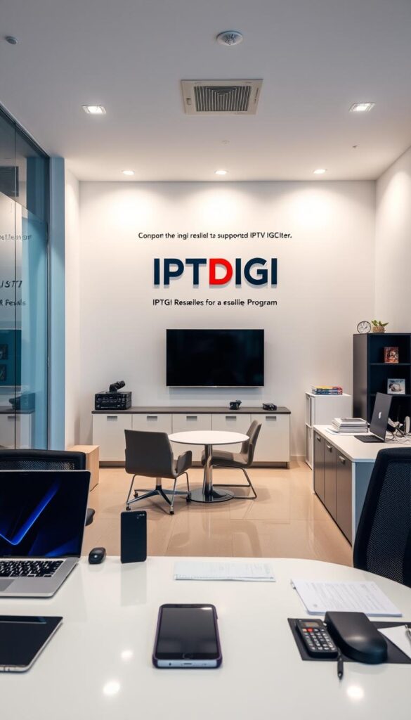 A sleek, modern office interior with a large display on the wall showcasing the IPTVDIGI brand logo and reseller services. The room is well-lit with a combination of natural and artificial lighting, creating a professional and inviting atmosphere. In the foreground, a desk with a laptop, tablet, and other office supplies, hinting at the hands-on management of the reseller program. The middle ground features chairs and a small conference table, suggesting a space for discussions and collaboration. The background includes shelves, filing cabinets, and other office equipment, conveying a sense of an organized and efficient operation. The overall scene exudes a tone of reliability, expertise, and a commitment to supporting IPTVDIGI resellers.