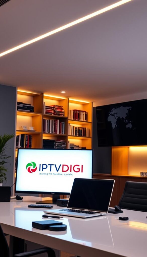 A sleek, modern office interior with a large display screen showing the IPTVDIGI logo. The room is bathed in warm, diffused lighting, creating a professional and inviting atmosphere. On the desk, a laptop and various accessories are neatly arranged, hinting at the digital nature of the IPTV reselling business. In the background, a bookshelf filled with reference materials and a stylized world map, conveying a global reach. The overall scene exudes a sense of expertise, reliability, and technological sophistication that would appeal to potential IPTV UK resellers.