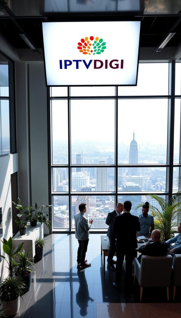 A sleek, modern office interior with a large display showcasing the IPTVDIGI brand logo. The room is filled with natural light, creating a professional and trustworthy atmosphere. In the foreground, a group of people are gathered around a conference table, engaged in a discussion about IPTV services. The middle ground features a stylish reception area with comfortable seating and potted plants, conveying a sense of hospitality. The background depicts a panoramic view of a bustling city skyline, suggesting the global reach and reliability of the IPTVDIGI platform.