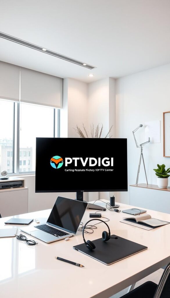 A sleek, modern office interior with a large monitor displaying the IPTVDIGI logo prominently. The room is well-lit, with large windows allowing natural light to flood the space. On the desk, a laptop, a professional-looking headset, and various office supplies create a productive, organized atmosphere. The walls are adorned with minimalist, elegant decor, conveying a sense of professionalism and attention to detail. The overall tone is one of a thriving IPTV reseller business, ready to provide top-quality service to its customers.