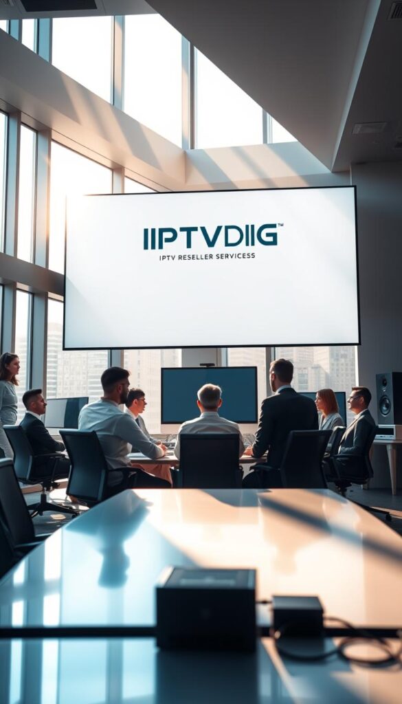 A sleek, modern office interior with a large screen displaying the IPTVDIGI logo prominently. Sunlight streams in through floor-to-ceiling windows, casting a warm glow over the scene. In the foreground, a group of professionals are gathered around a conference table, engaged in a discussion about IPTV reseller services. The room is filled with state-of-the-art technology, including high-end computers and a sophisticated sound system. The overall atmosphere conveys a sense of professionalism, innovation, and the promise of a premium IPTV experience.