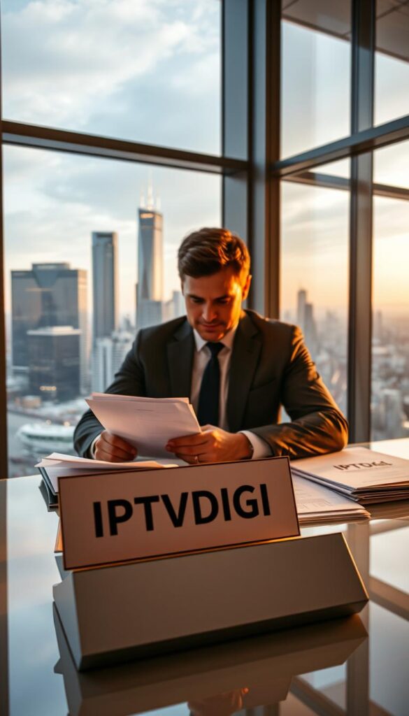 A sleek, modern office interior with a large window overlooking a bustling city skyline. In the foreground, a professional-looking person in a suit is sitting at a desk, examining legal documents and files related to IPTV services. On the desk, a prominent sign displays the brand name "IPTVDIGI", conveying a sense of authority and legitimacy. The lighting is warm and inviting, creating a sophisticated and trustworthy atmosphere. The overall scene suggests a legal, above-board operation focused on providing high-quality, compliant IPTV services.