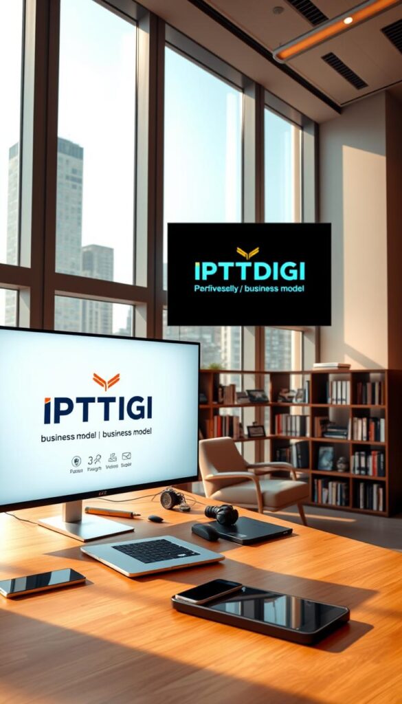 A sleek, modern office interior with a large window overlooking a cityscape. In the foreground, a wooden desk with a laptop, smartphone, and other business accessories. On the desk, a large LED monitor displays the IPTVDIGI logo and business model information. The middle ground features a comfortable chair and a bookshelf with industry-related books and materials. The background showcases the urban skyline, conveying a sense of a thriving, technology-driven business environment. The lighting is warm and natural, creating a professional and productive atmosphere. The overall scene suggests a successful IPTV reseller operation, with attention to detail and a focus on technology and customer service.