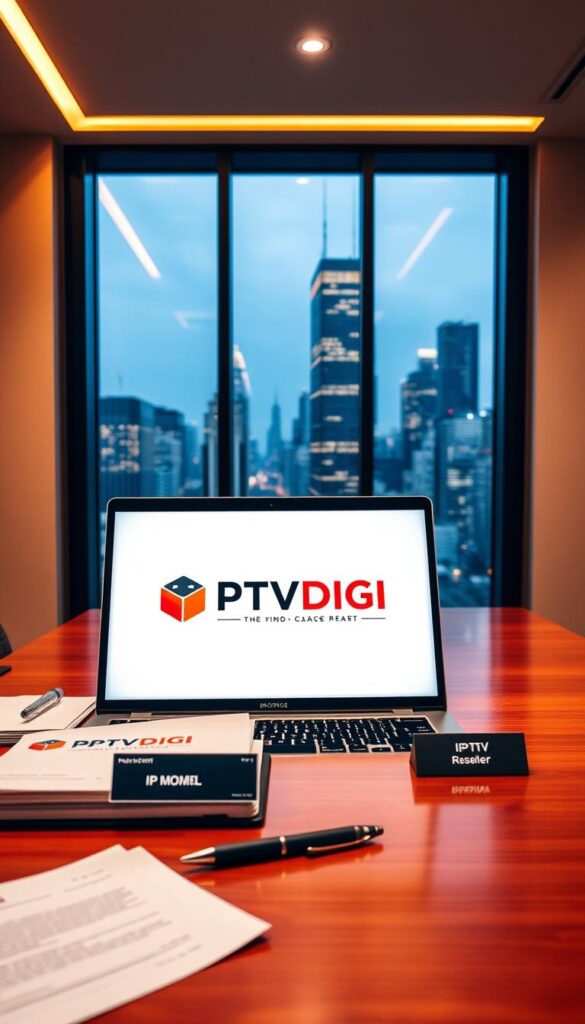 A sleek, modern office interior with a polished wooden desk, a laptop displaying the IPTVDIGI logo, and a stack of documents. Warm, indirect lighting creates a professional and trustworthy atmosphere. In the background, a large window overlooking a bustling city skyline, symbolizing the global reach and reliability of the IPTV reseller. On the desk, a nameplate, a pen, and a subtle, minimalist branding element, conveying credibility and attention to detail. The overall scene exudes a sense of competence, transparency, and customer-centric service.