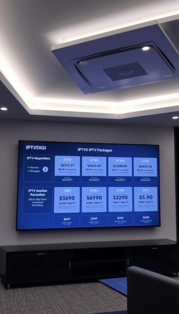 A sleek, modern office interior with a prominently displayed IPTVDIGI logo. Crisp, minimalist design with clean lines and muted tones. A large display screen showcases various IPTV reseller package options, each with clear pricing and feature breakdowns. The scene conveys a sense of professionalism, reliability, and value. Subtle lighting accentuates the screen and draws the viewer's attention. The overall atmosphere is one of a well-organized, trustworthy IPTV reseller service.