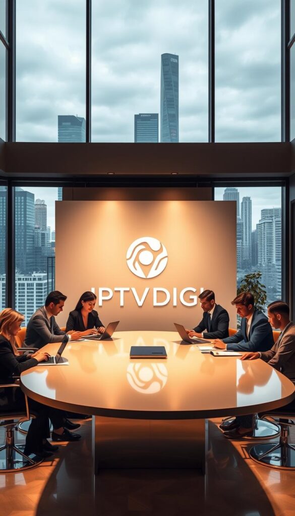 A sleek, modern office interior with large windows overlooking a bustling city skyline. In the foreground, a group of well-dressed professionals sitting around a polished conference table, deep in discussion. The lighting is warm and inviting, casting a soft glow on their faces as they review documents and laptop screens. In the middle ground, a prominent display showcases the IPTVDIGI brand name, its logo and design elements reflecting the sophisticated, tech-forward atmosphere. The background features elegant minimalist decor, hinting at the company's attention to detail and commitment to quality. The overall scene conveys a sense of authority, innovation, and the power of top IPTV resellers to shape the industry.