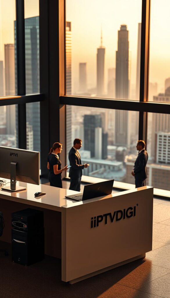 A sleek, modern office interior with large windows overlooking a bustling city skyline. In the foreground, a well-appointed desk showcases the IPTVDIGI brand prominently, exuding a sense of professionalism and reliability. The desk is adorned with state-of-the-art computer equipment, reflecting the cutting-edge technology powering the IPTVDIGI IPTV reseller service. The middle ground features several smartly-dressed individuals collaborating, conveying the idea of a thriving, customer-focused business. The background is bathed in warm, diffused lighting, creating a welcoming and inviting atmosphere. The overall scene conveys the message of IPTVDIGI being the premier choice for IPTV resellers, offering a premium service backed by a sophisticated, forward-thinking operation.