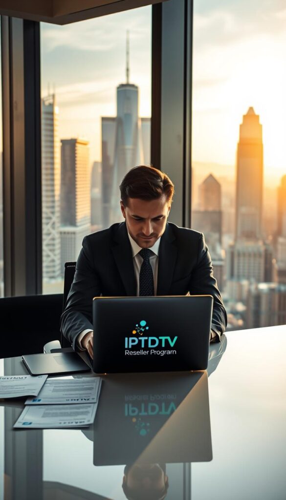 A sleek, modern office interior with large windows overlooking a bustling city skyline. In the foreground, a well-dressed business professional sits at a minimalist desk, intently focused on a laptop displaying the IPTVDIGI reseller program interface. The lighting is warm and natural, casting a soft glow over the scene. On the desk, various documents and a stylized IPTVDIGI logo catch the eye, hinting at the lucrative opportunities in the IPTV reselling industry. The overall mood is one of professionalism, success, and the promise of high profit margins.