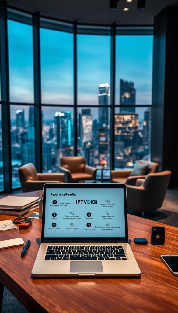 A sleek, modern office interior with large windows overlooking a bustling city skyline. In the foreground, a stylish wooden desk with a laptop displaying the IPTVDIGI logo. On the desk, various office supplies and a tablet showcasing IPTV reseller benefits - increased revenue, expanded customer base, and seamless service management. The middle ground features a comfortable sitting area with plush leather chairs, perfect for discussing IPTV reseller opportunities. The background is filled with sophisticated lighting, creating a warm and professional atmosphere. The overall scene conveys the benefits and advantages of becoming an IPTVDIGI IPTV reseller.