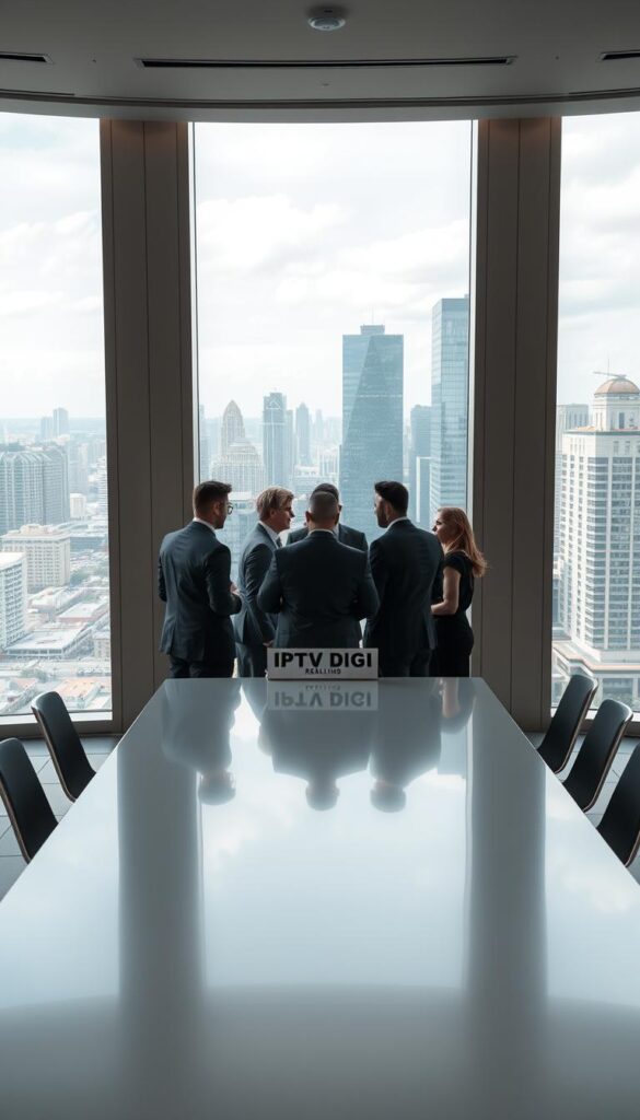 A sleek, modern office interior with large windows overlooking a bustling city skyline. In the foreground, a group of professionals are gathered around a sleek conference table, engaged in a lively discussion. The table is adorned with the IPTVDIGI logo, hinting at the topic of their conversation. Soft, directional lighting creates a warm, professional atmosphere, while the city view in the background suggests the vast potential of the IPTV reselling market. The scene conveys a sense of growth, opportunity, and the lucrative nature of this dynamic industry.