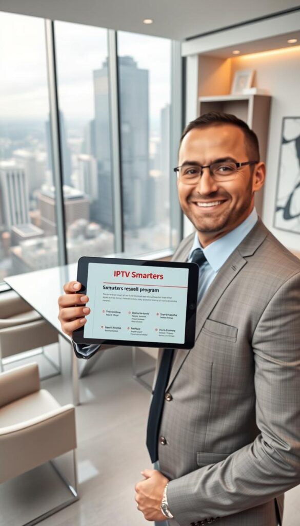 A sleek, modern office interior with large windows overlooking a bustling city skyline. In the foreground, a well-dressed business professional, confidently presenting a tablet showcasing the IPTVDIGI Smarters reseller program benefits. The middle ground features a stylish conference table surrounded by comfortable chairs, conveying a sense of professionalism and success. The background is filled with sophisticated decor, including minimalist shelving units and abstract wall art, creating an aspirational, high-end atmosphere. The lighting is a combination of natural daylight and warm, directional studio lighting, highlighting the presenter and the tablet display. The overall mood is one of authority, opportunity, and the promise of a rewarding partnership.