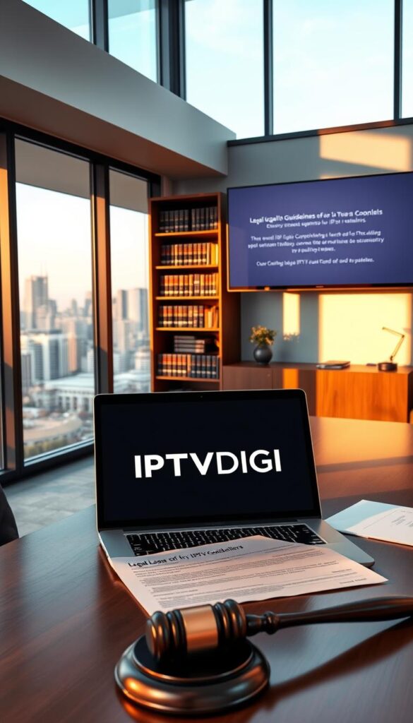 A sleek, modern office interior with large windows overlooking a city skyline. In the foreground, an executive desk with a laptop displaying the IPTVDIGI logo, surrounded by legal documents and a gavel. The middle ground features a bookshelf filled with legal tomes, casting warm, directional lighting across the scene. In the background, a wall-mounted monitor showcases legal compliance guidelines for IPTV resellers, presented in a clean, minimalist style. The overall atmosphere conveys a sense of professionalism, authority, and attention to legal details.