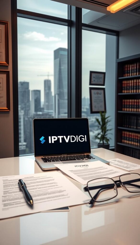 A sleek, modern office interior with large windows overlooking a city skyline. On the desk, a laptop displays the IPTVDIGI logo, surrounded by legal documents, a pen, and a pair of glasses. The lighting is soft and warm, creating a professional and authoritative atmosphere. The walls are adorned with framed legal certificates and awards, conveying the expertise and credibility of the IPTV reseller. In the background, a bookshelf filled with legal volumes suggests the depth of knowledge required to navigate the legal landscape of IPTV reselling.