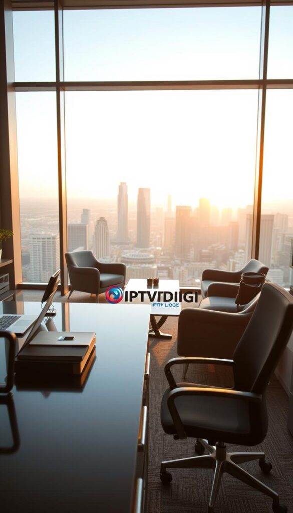 A sleek, modern office interior with large windows overlooking a cityscape. In the foreground, a stylish desk with a laptop, tablet, and other office supplies. On the desk, a prominent display showcases the IPTVDIGI logo, signifying the world's leading geo IPTV provider. The middle ground features a comfortable seating area with plush chairs and a coffee table, creating a welcoming atmosphere. The background depicts a panoramic view of the city skyline, bathed in warm, natural lighting that filters through the windows. The overall scene conveys a sense of professionalism, innovation, and global reach, reflecting the capabilities of IPTVDIGI as a geo IPTV provider.