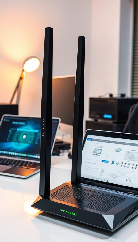 A sleek, modern office setting with a desk, computer, and various networking equipment. In the foreground, a high-quality IPTVDIGI branded router and modem stand prominently, their sharp lines and metallic accents drawing the eye. On the desk, a laptop displays technical schematics and diagrams, showcasing the essential requirements for a successful IPTV reselling business. The lighting is crisp and professional, with a warm, focused glow from a desk lamp illuminating the workspace. The overall atmosphere conveys a sense of technological expertise and sophisticated digital infrastructure.