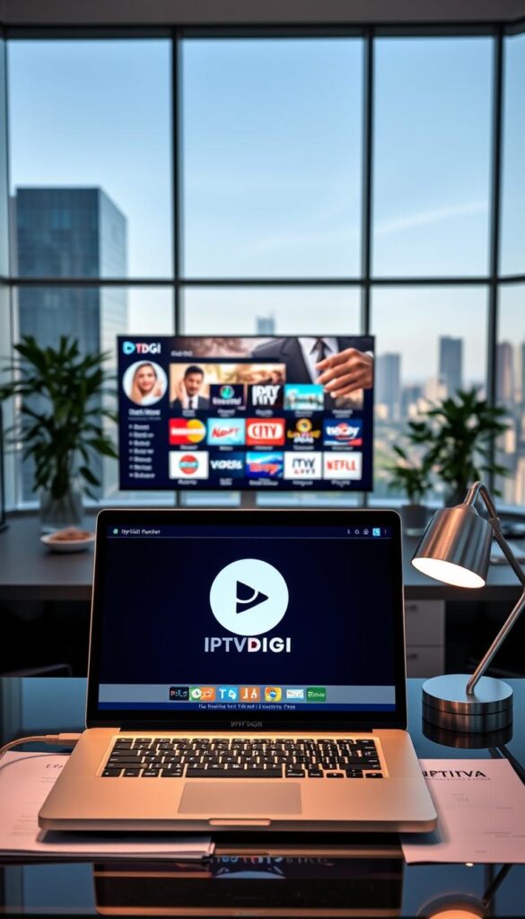 A sleek, modern office setting with a focus on the IPTVDIGI brand. In the foreground, a professional-looking laptop displays the IPTVDIGI logo and reseller service offerings. On the desk, neatly organized documents and a stylish desk lamp create a sense of efficiency. The middle ground features a large, high-resolution monitor showcasing IPTV channel lineups and packages. In the background, floor-to-ceiling windows provide natural lighting, with cityscape views hinting at the global reach of the IPTV reseller business. The overall atmosphere conveys professionalism, technology, and a thriving IPTV reseller enterprise.