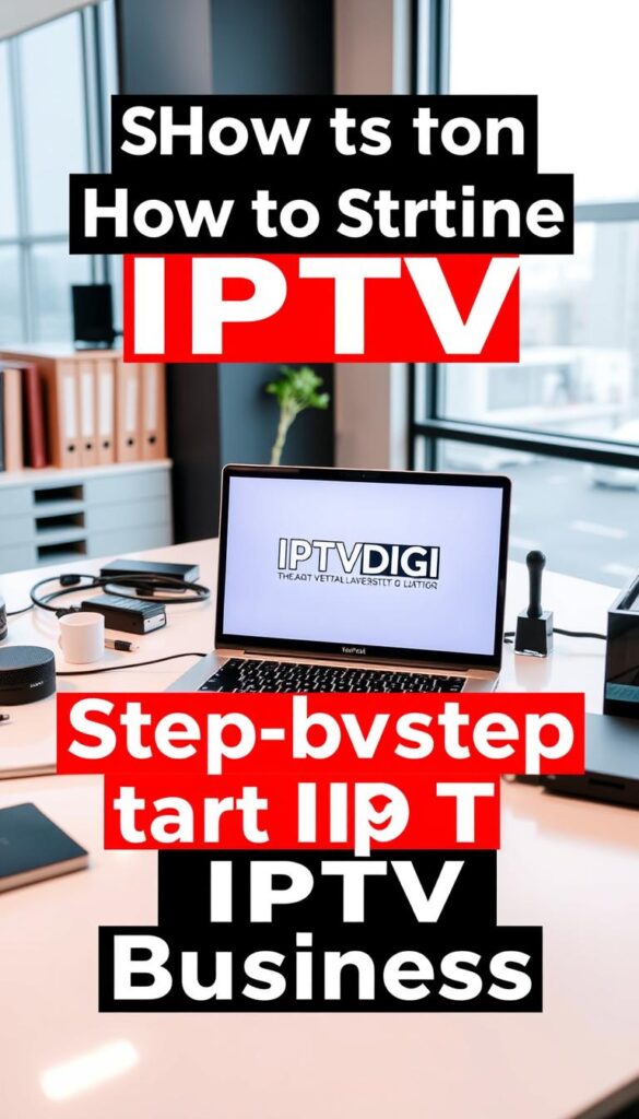 A sleek, modern office setting with a laptop screen displaying the "IPTVDIGI" logo, surrounded by various office supplies and devices. The laptop is positioned on a clean, minimalist desk, with a large window in the background providing natural lighting. The scene conveys a sense of professionalism and efficiency, reflecting the step-by-step guide to starting an IPTV reseller business.