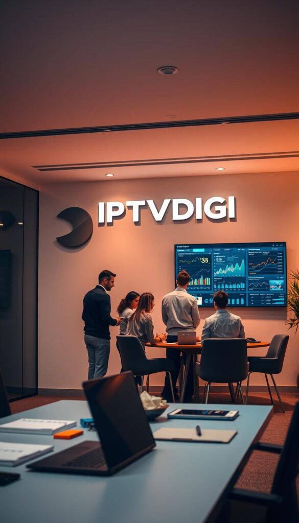 A sleek, modern office setting with a large IPTVDIGI logo prominently displayed on the wall. The foreground features a desk with a laptop, tablet, and various office supplies, conveying a professional, technology-driven atmosphere. The middle ground showcases a team of individuals engaged in discussions, collaborating on strategies and customer service. In the background, a wall-mounted TV displays real-time data and analytics, highlighting the data-driven nature of the IPTV reselling business. Warm, diffused lighting illuminates the scene, creating a sense of productivity and success. The overall composition suggests a thriving, well-organized IPTV reselling operation.