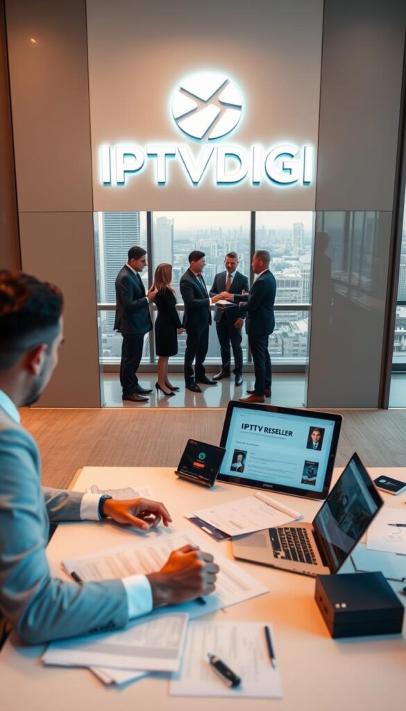 A sleek, modern office setting with a large IPTVDIGI logo prominently displayed on the wall. In the foreground, a businessperson sits at a desk, laptop open, surrounded by various IPTV-related documents and a tablet displaying IPTV reseller plans. The middle ground features a group of people in formal attire, engaged in a discussion, hinting at the collaborative nature of the IPTV reseller business. The background showcases a cityscape visible through large windows, conveying a sense of opportunity and growth. The lighting is warm and inviting, creating a professional yet approachable atmosphere. The overall scene suggests the potential for IPTV reseller success and the resources available to support it.