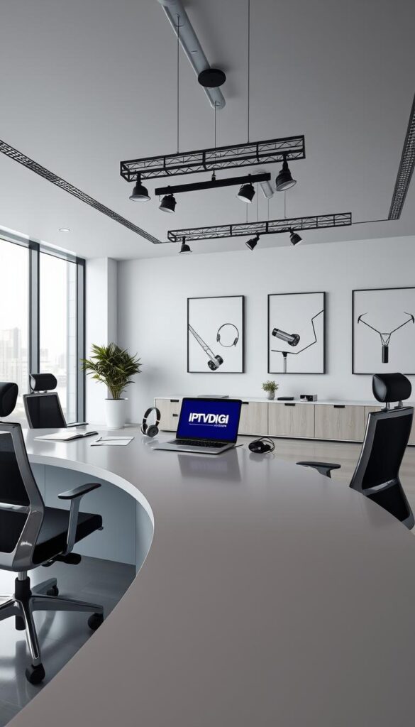 A sleek, modern office setting with a large, curved desk and ergonomic chairs. On the desk, a laptop displaying the IPTVDIGI logo, surrounded by various documents and a professional headset. Overhead, a sophisticated lighting rig casts a warm, focused glow. The walls are adorned with minimalist, monochrome art pieces, conveying a sense of professionalism and attention to detail. The room is spacious, with ample natural light streaming in through large windows, creating a bright and airy atmosphere. The overall mood is one of efficiency, organization, and a commitment to providing high-quality IPTV reseller services.