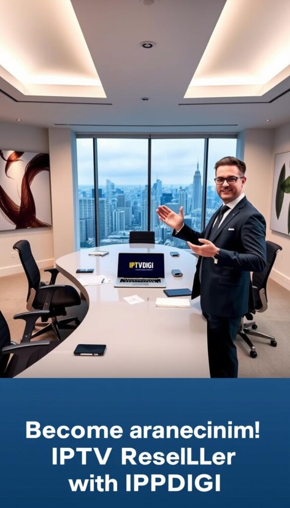 A sleek, modern office setting with a large, curved desk and ergonomic chairs. On the desk, a laptop displays the IPTVDIGI logo, surrounded by various documents, a tablet, and a pen. The room is well-lit, with large windows overlooking a bustling city skyline. The walls feature minimalist, abstract art, adding to the professional, forward-thinking atmosphere. In the foreground, a businessman in a sharp suit stands, gesturing towards the laptop, conveying the benefits of becoming an IPTV reseller with IPTVDIGI.