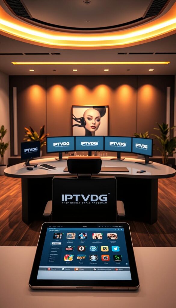 A sleek, modern office setting with a large, curved desk and multiple computer monitors displaying the IPTVDIGI branding. In the foreground, an executive-style chair and a tablet device showcasing an IPTV reseller program interface. The middle ground features a stylish, minimalist decor with potted plants and abstract wall art. The background is illuminated by warm, directional lighting, creating a professional and sophisticated atmosphere. The overall scene conveys the evolving, technology-driven landscape of IPTV reselling in 2023.