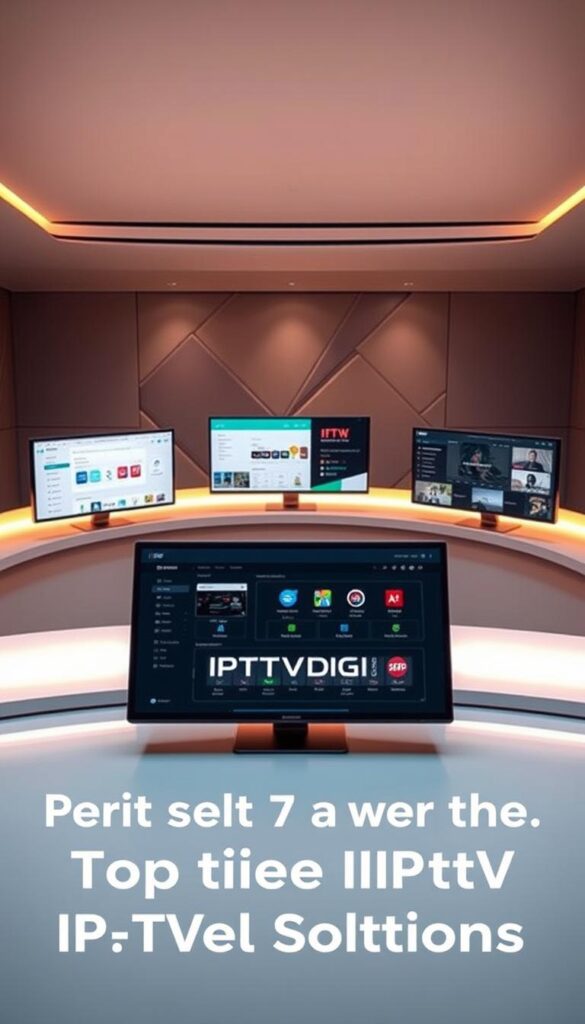 A sleek, modern office setting with a large, curved desk showcasing multiple IPTV reseller panels. The desk is illuminated by soft, indirect lighting, casting a warm glow. In the foreground, the IPTVDIGI reseller panel takes center stage, its clean and intuitive interface displayed prominently. In the middle ground, other reseller panels are arranged, each with distinctive features and branding. The background features a minimalist, geometric wall design, hinting at the technological nature of the subject matter. The overall scene conveys a sense of professionalism, efficiency, and the comparison of top-tier IPTV reseller solutions.