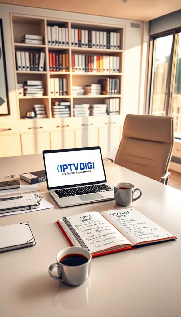 A sleek, modern office setting with a large desk, a comfortable chair, and a laptop displaying the IPTVDIGI logo. On the desk, various office supplies, a cup of coffee, and a notebook open to reveal handwritten notes on IPTV reseller requirements. Warm, natural lighting from a nearby window creates a professional, productive atmosphere. In the background, shelves filled with business-related books and documents. The scene conveys a sense of organization, attention to detail, and a focused mindset for starting an IPTV reseller business.