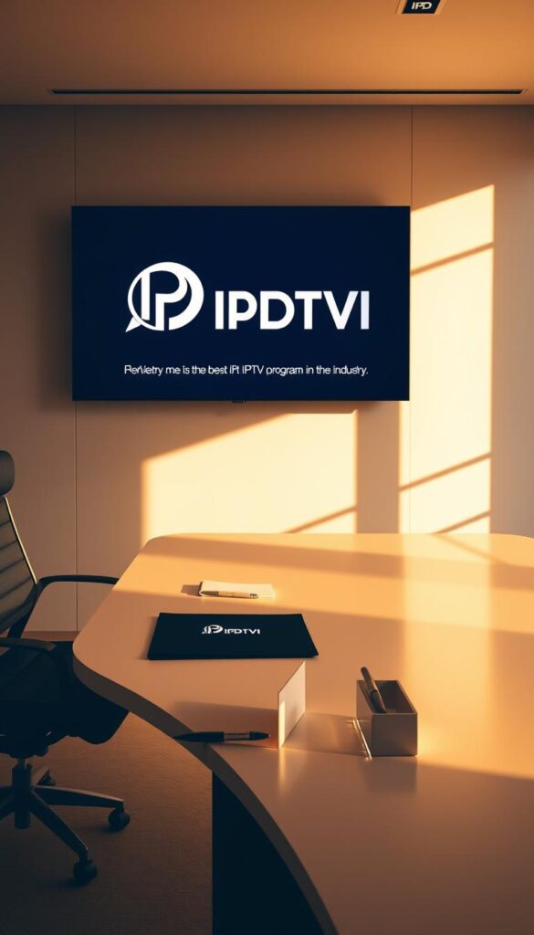A sleek, modern office setting with a large desk, a high-end computer setup, and a wall-mounted display showcasing the IPTVDIGI logo. The room is bathed in warm, directional lighting, creating a professional and inviting atmosphere. On the desk, there are various branded stationery items, such as a notepad, a pen, and a business card holder. The display on the wall prominently features the IPTVDIGI logo, conveying a sense of authority and reliability. The overall scene exudes a sense of expertise, innovation, and a commitment to providing the best IPTV reseller program in the industry.