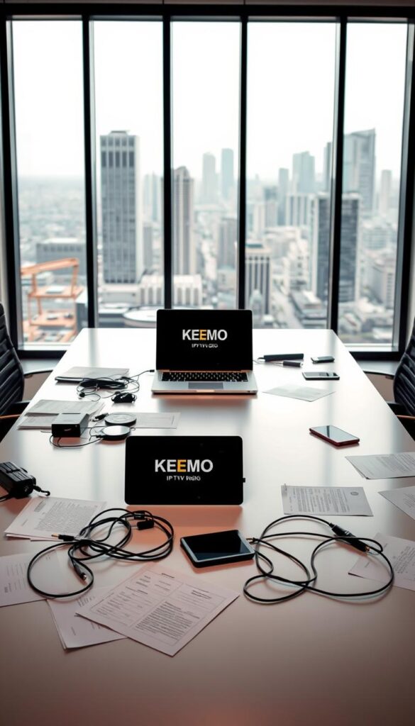 A sleek, modern office setting with a large desk and a laptop displaying the IPTVDIGI logo. On the desk, various documents, cables, and a smartphone are scattered, conveying a sense of the challenges and complexities faced by a Kemo IPTV reseller. The lighting is soft and diffused, creating a professional atmosphere. In the background, a cityscape can be seen through a large window, suggesting the broader market and competitive landscape the reseller operates in. The overall mood is one of contemplation and problem-solving, capturing the essence of the "Limitations and Challenges with Kemo IPTV Reseller Services" section.