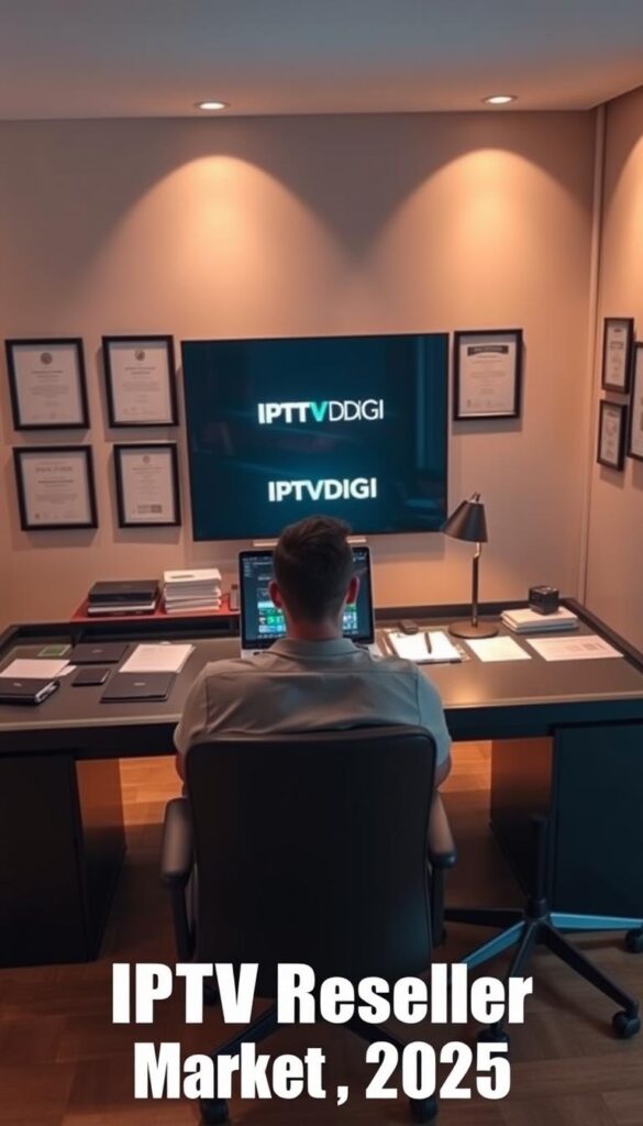 A sleek, modern office setting with a large desk and ergonomic chair. On the desk, a state-of-the-art laptop displays the IPTVDIGI logo, surrounded by various documents and a stylish desk lamp. The walls are adorned with framed certificates and awards, conveying a sense of professionalism and expertise. The room is bathed in warm, directional lighting, creating a subtle, inviting atmosphere. In the foreground, a person in a business casual attire sits at the desk, intently focused on the laptop screen, representing the thriving IPTV reseller market in 2025.