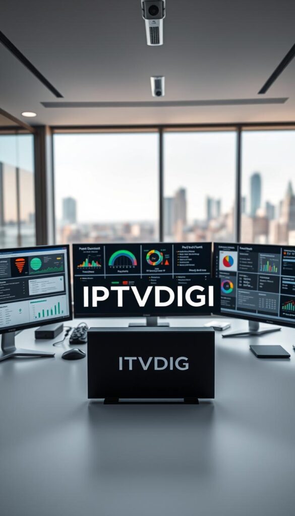 A sleek, modern office setting with a large desk and multiple computer screens displaying various IPTV reseller panel interfaces. In the foreground, the IPTVDIGI logo is prominently displayed, surrounded by detailed charts, graphs, and data visualizations comparing the features and pricing of different IPTV reseller panels. The lighting is bright and directional, creating a professional, analytical atmosphere. The background is blurred, but hints at a city skyline visible through large windows, conveying a sense of a thriving, tech-savvy business environment.