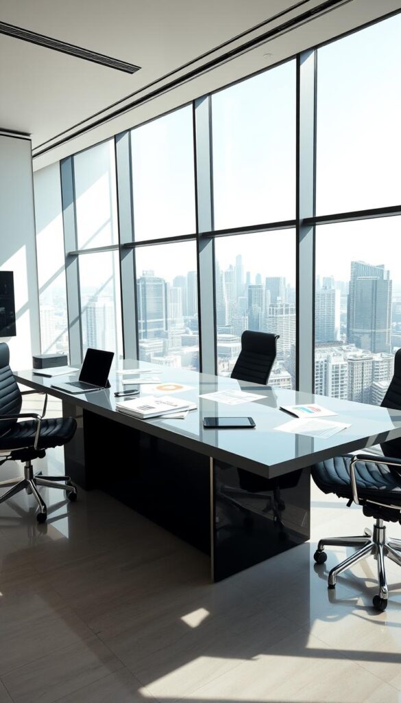 A sleek, modern office setting with a large desk featuring the IPTVDIGI logo prominently displayed. On the desk, various documents, a laptop, and a tablet showcase the IPTV reseller business model. The room is filled with natural light, creating a professional and efficient atmosphere. In the background, a city skyline is visible through large windows, conveying a sense of growth and opportunity. The overall scene exudes a sense of organization, technology, and the potential for success in the IPTV reseller industry.